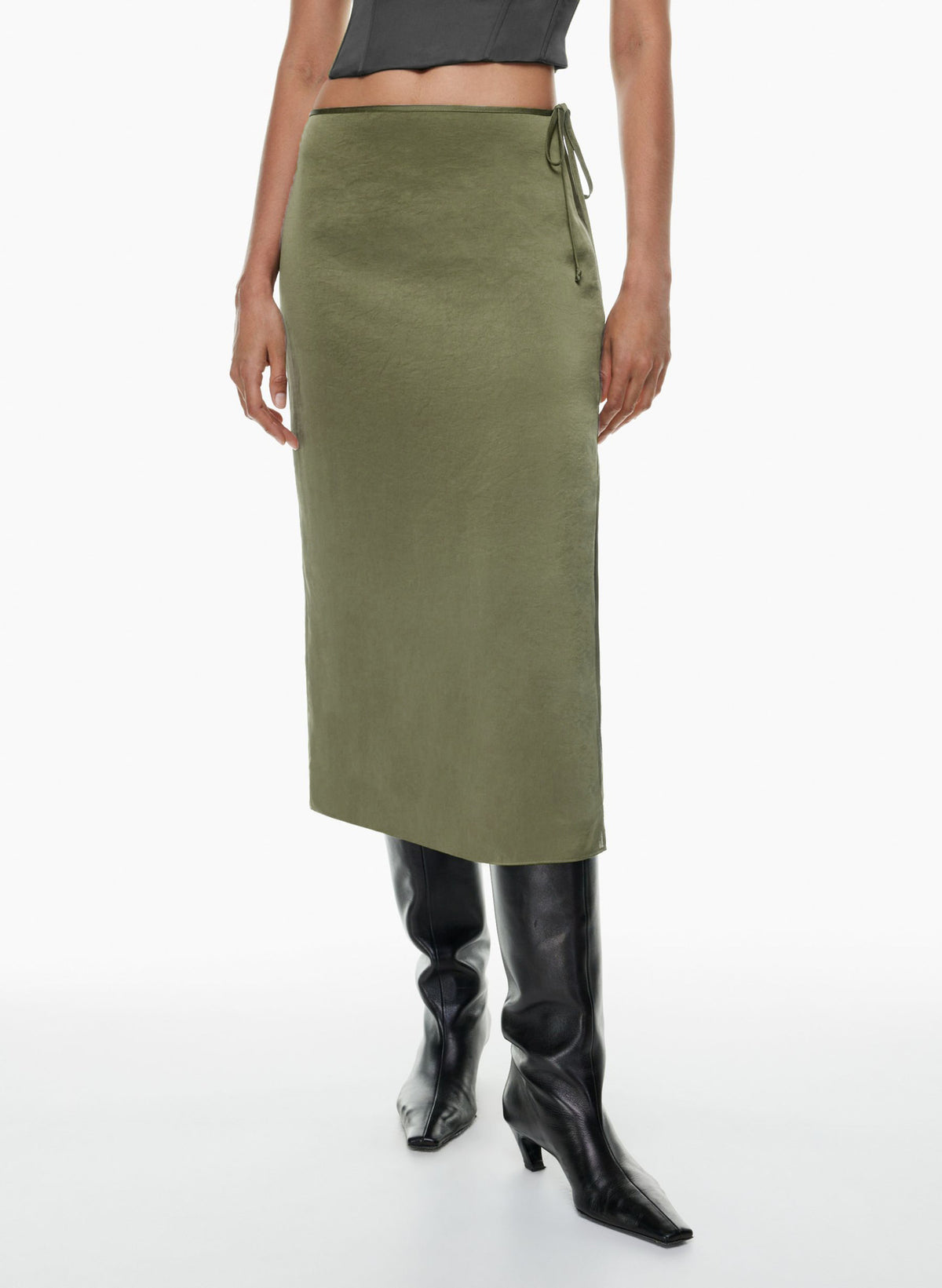Satin Wrap Midi Skirt With Side Split - Green