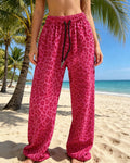 Leopard Print Flowy Wide Leg Beach Pants - Rose-Red