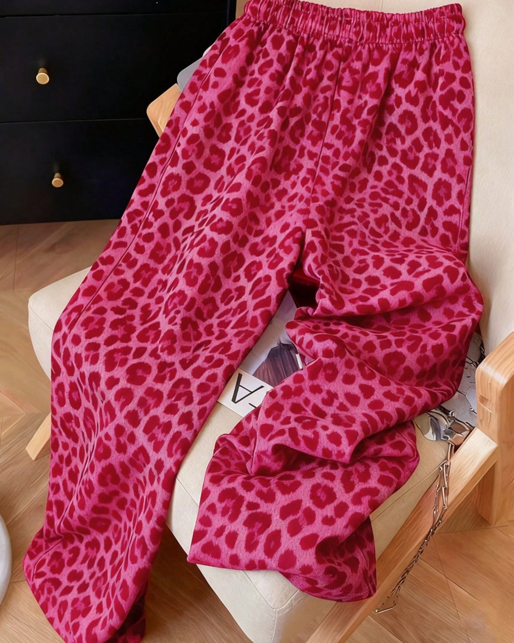 Leopard Print Flowy Wide Leg Beach Pants - Rose-Red - 1