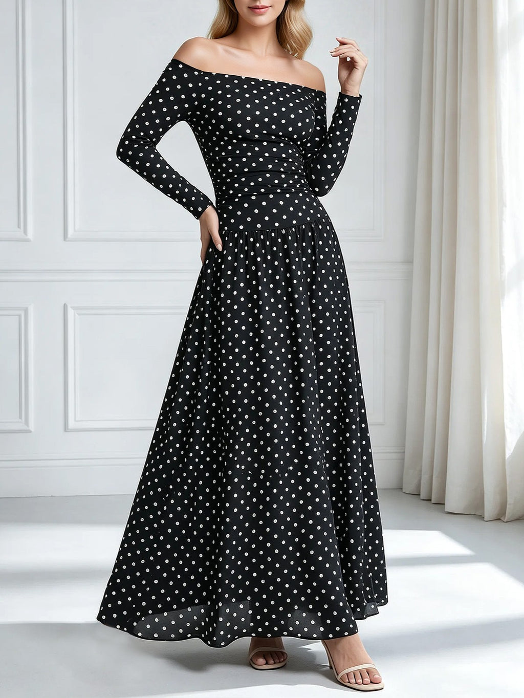 Long Sleeve Polka Dot Off Shoulder Maxi Dress - Black