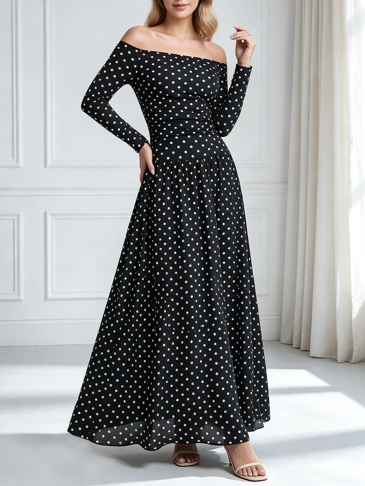 Long Sleeve Polka Dot Off Shoulder Maxi Dress - Black