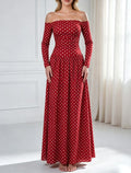 Long Sleeve Polka Dot Off Shoulder Maxi Dress - Red