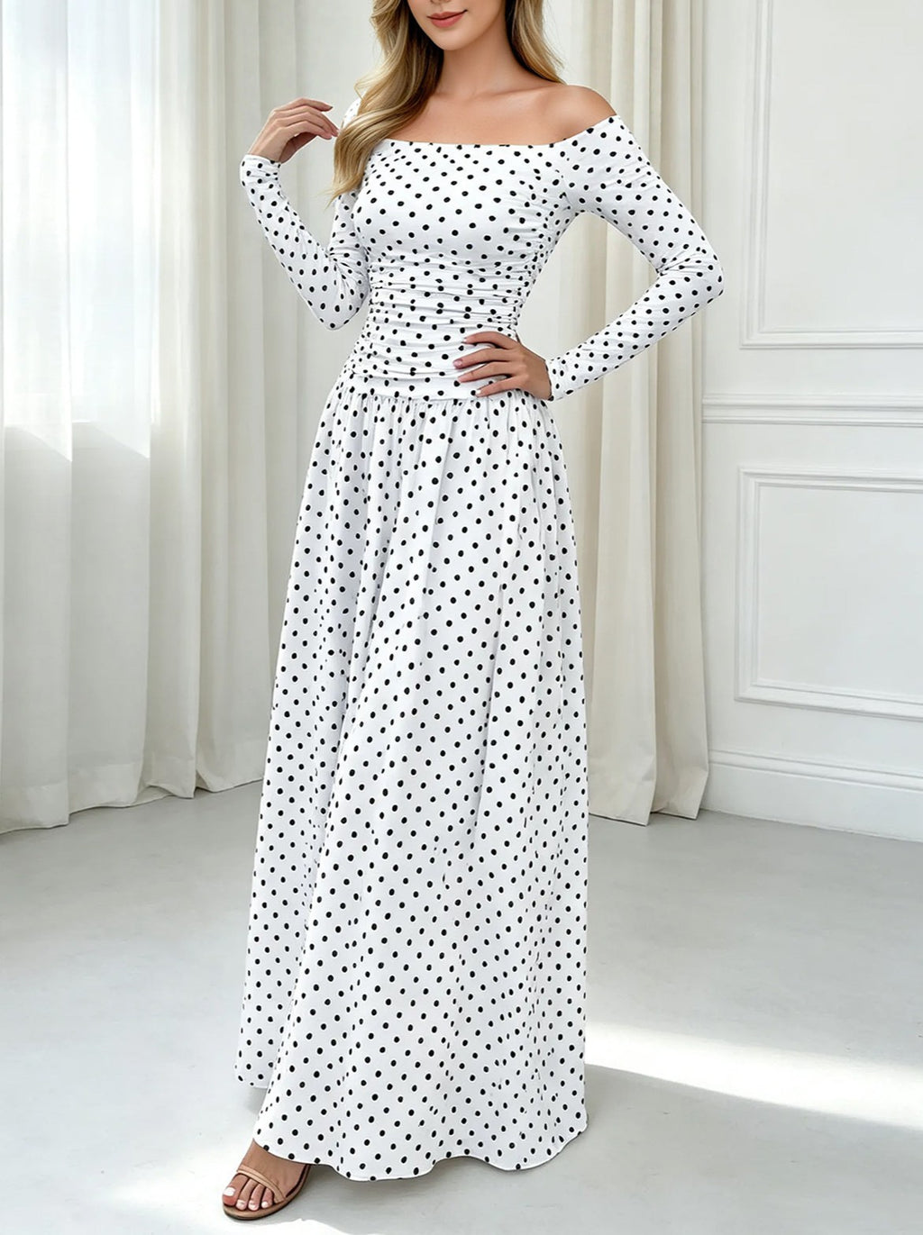 Long Sleeve Polka Dot Off Shoulder Maxi Dress - White