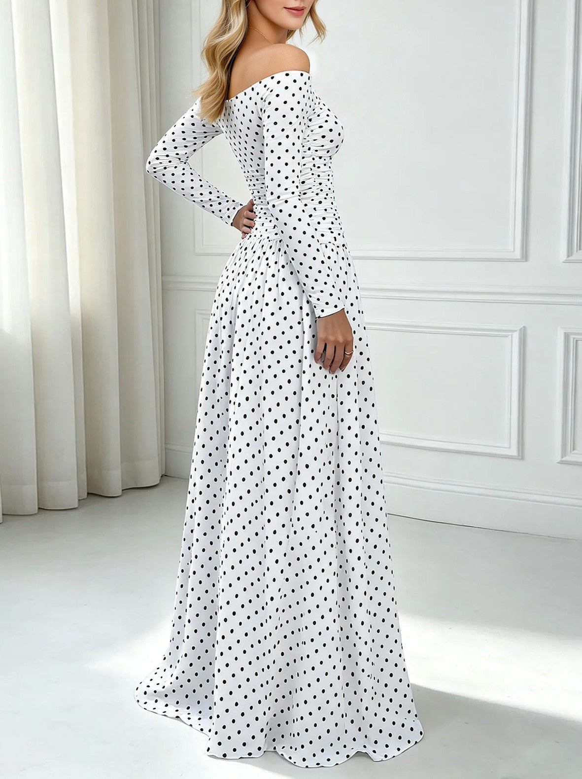 Long Sleeve Polka Dot Off Shoulder Maxi Dress - White - 1