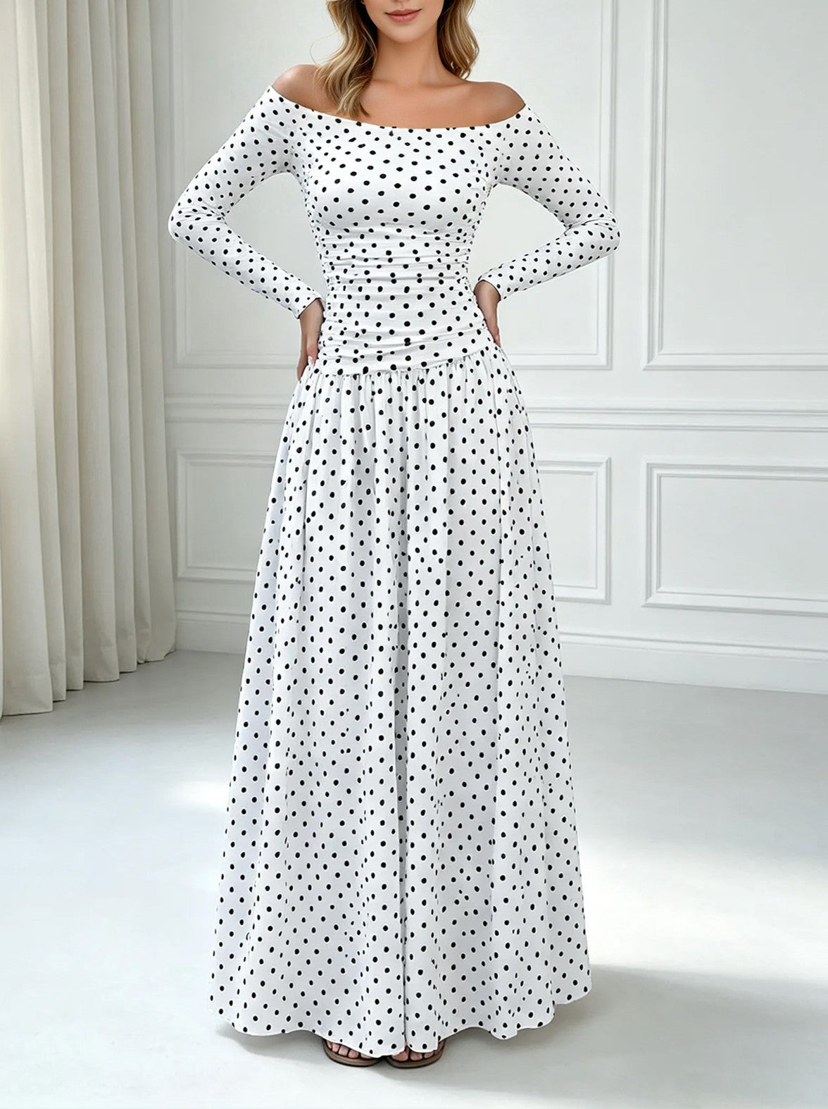 Long Sleeve Polka Dot Off Shoulder Maxi Dress - White - 2