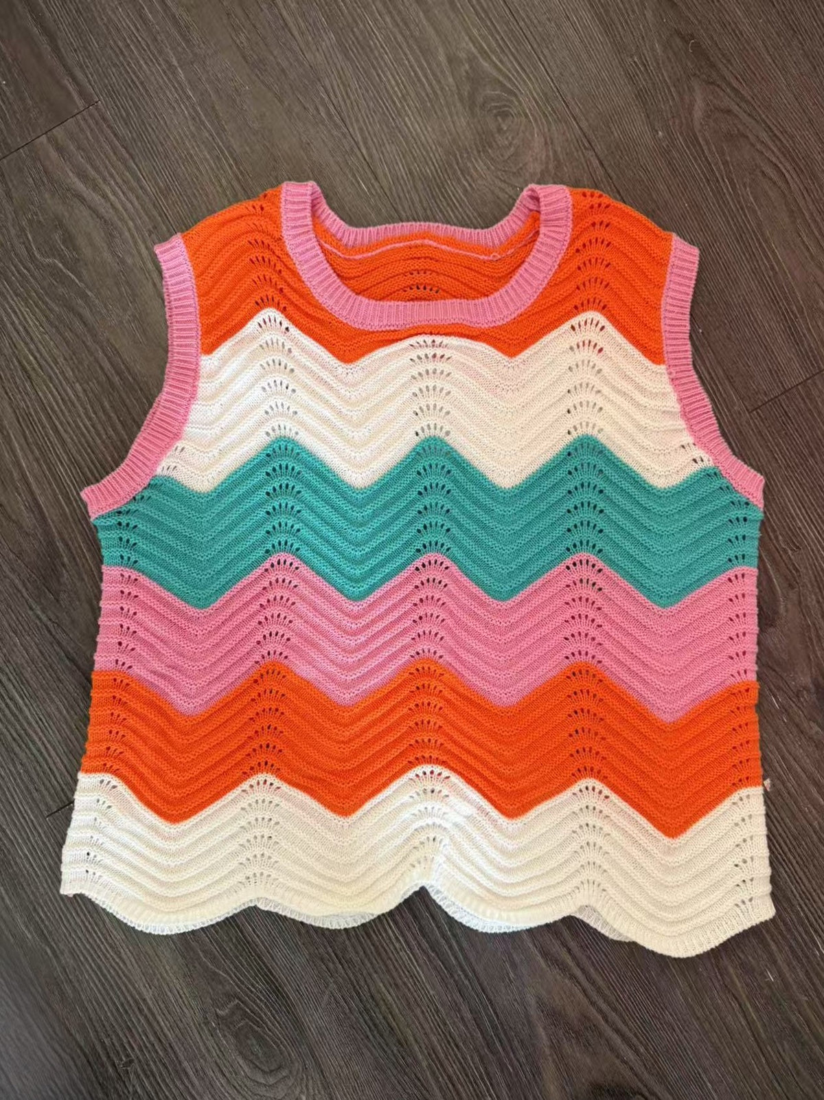 Wavy Stripe Crochet Knit Tank Top - Orange