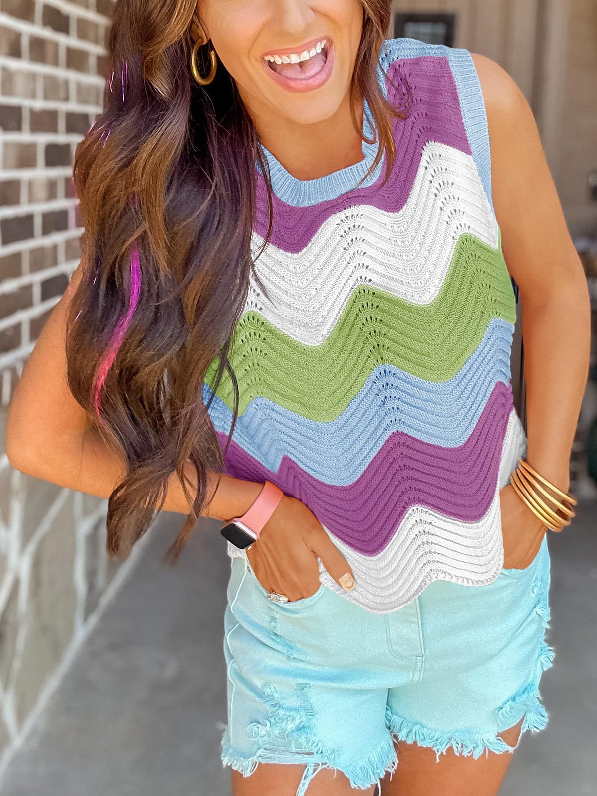 Wavy Stripe Crochet Knit Tank Top - Purple