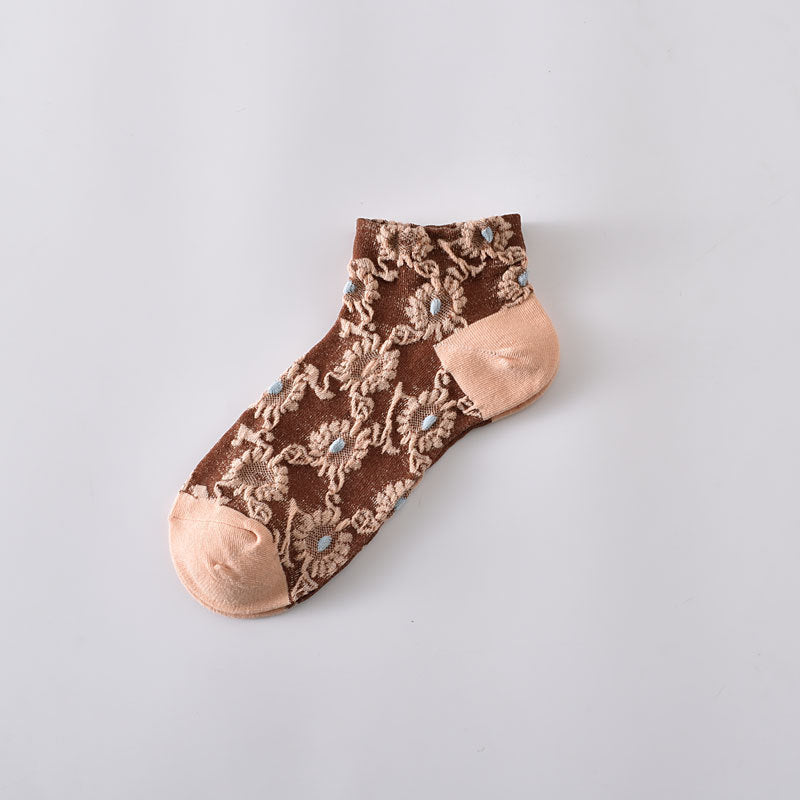Sheer Floral Lace Ankle Socks - Coffee