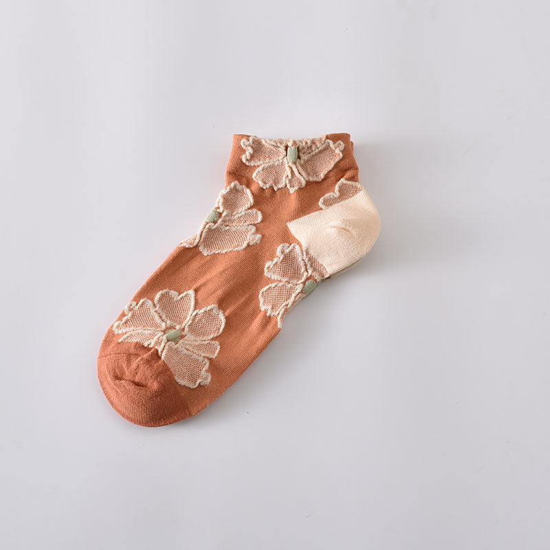 Sheer Floral Lace Ankle Socks - LightRed