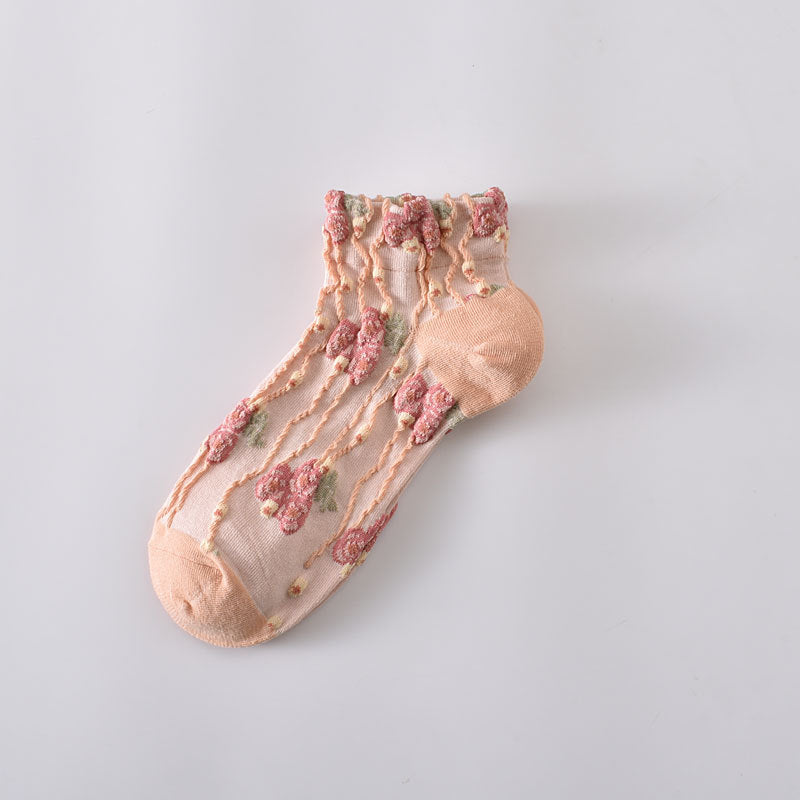 Sheer Floral Lace Ankle Socks - Pink