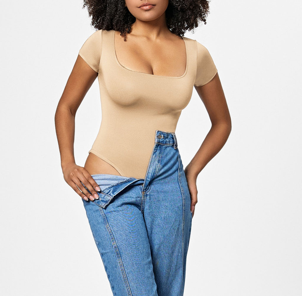Short Sleeve Seamless Shaping Bodysuit - Apricot-S