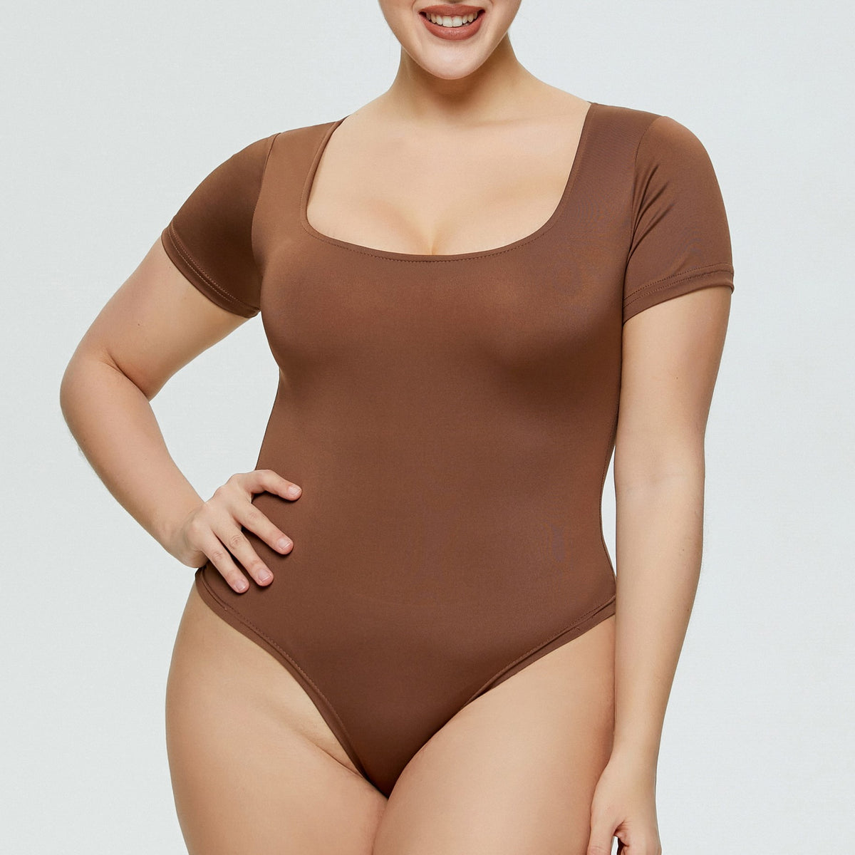 Short Sleeve Seamless Shaping Bodysuit - Brown-S