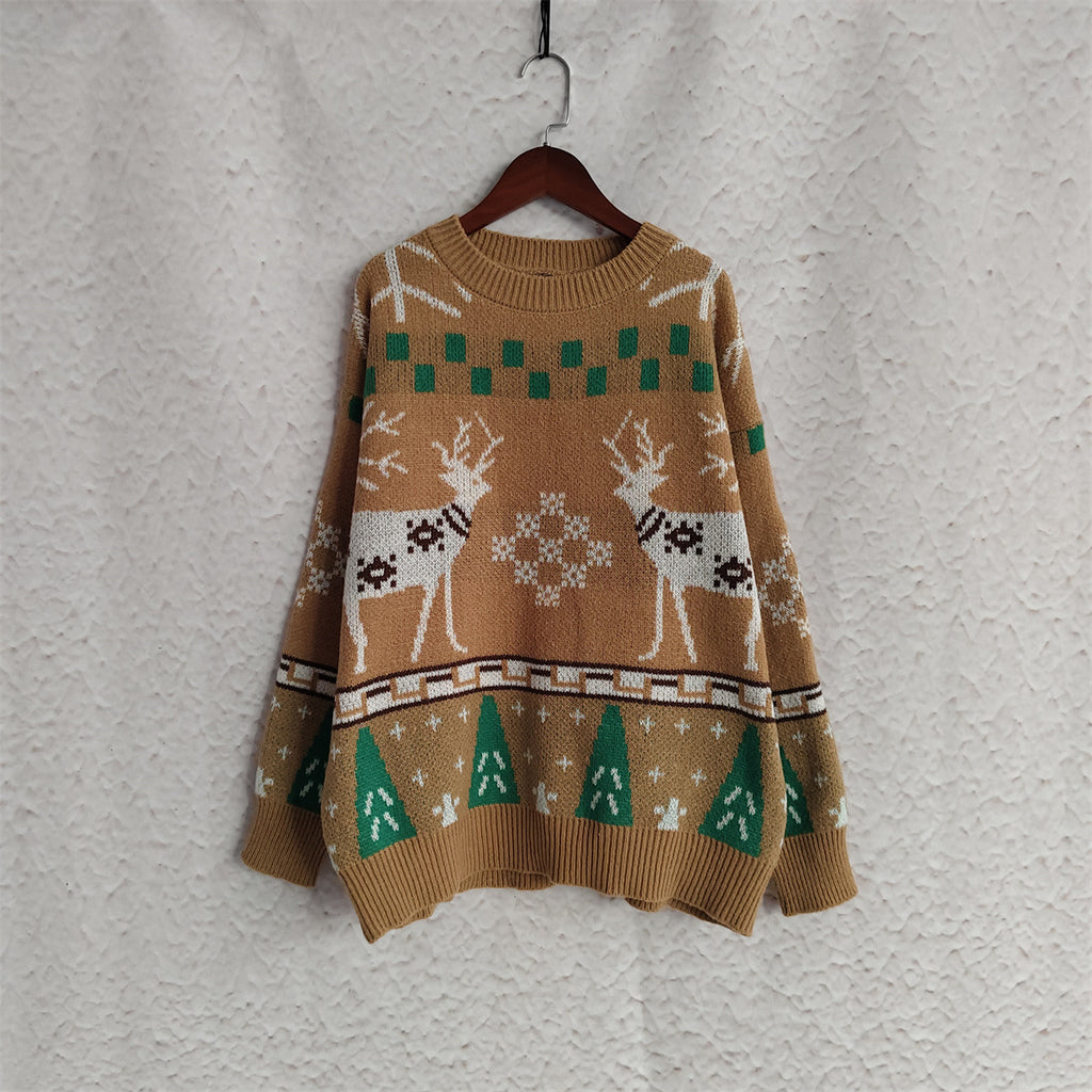 Reindeer Snowflake Jacquard Knit Sweater - Khaki