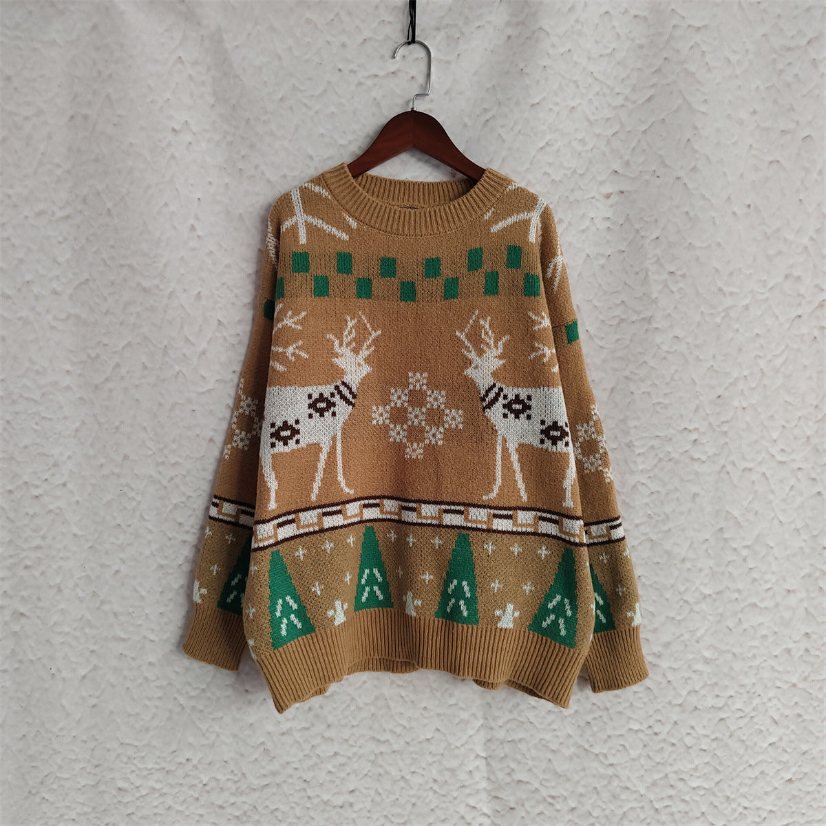 Reindeer Snowflake Jacquard Knit Sweater - Khaki