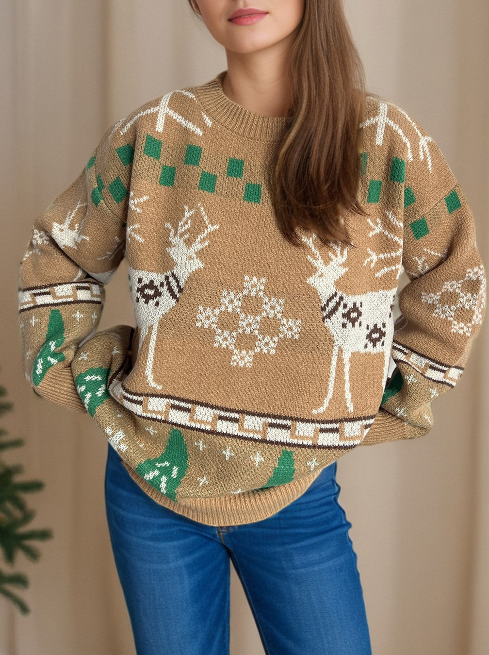 Reindeer Snowflake Jacquard Knit Sweater - Khaki - 1