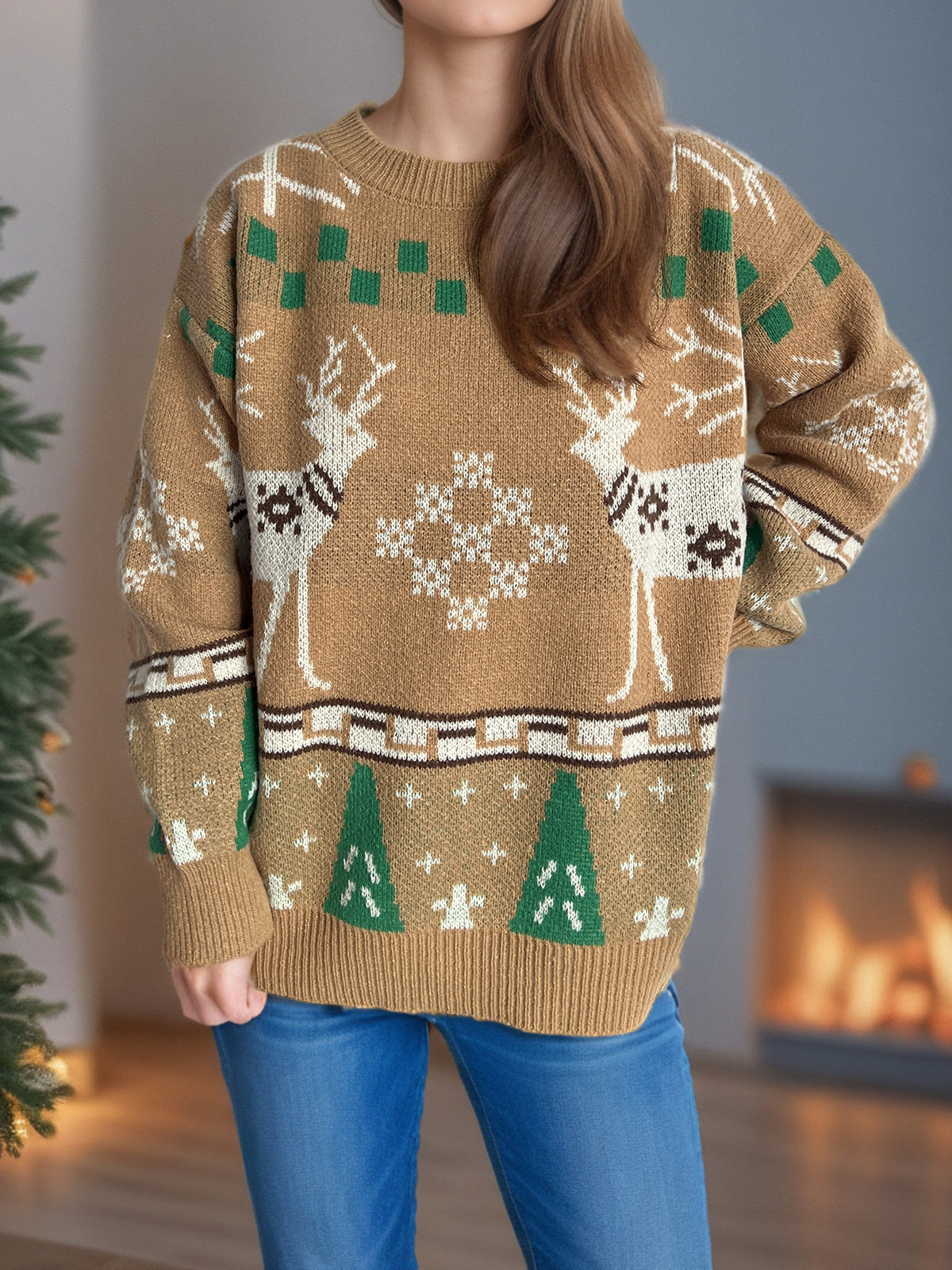 Reindeer Snowflake Jacquard Knit Sweater - Khaki - 2
