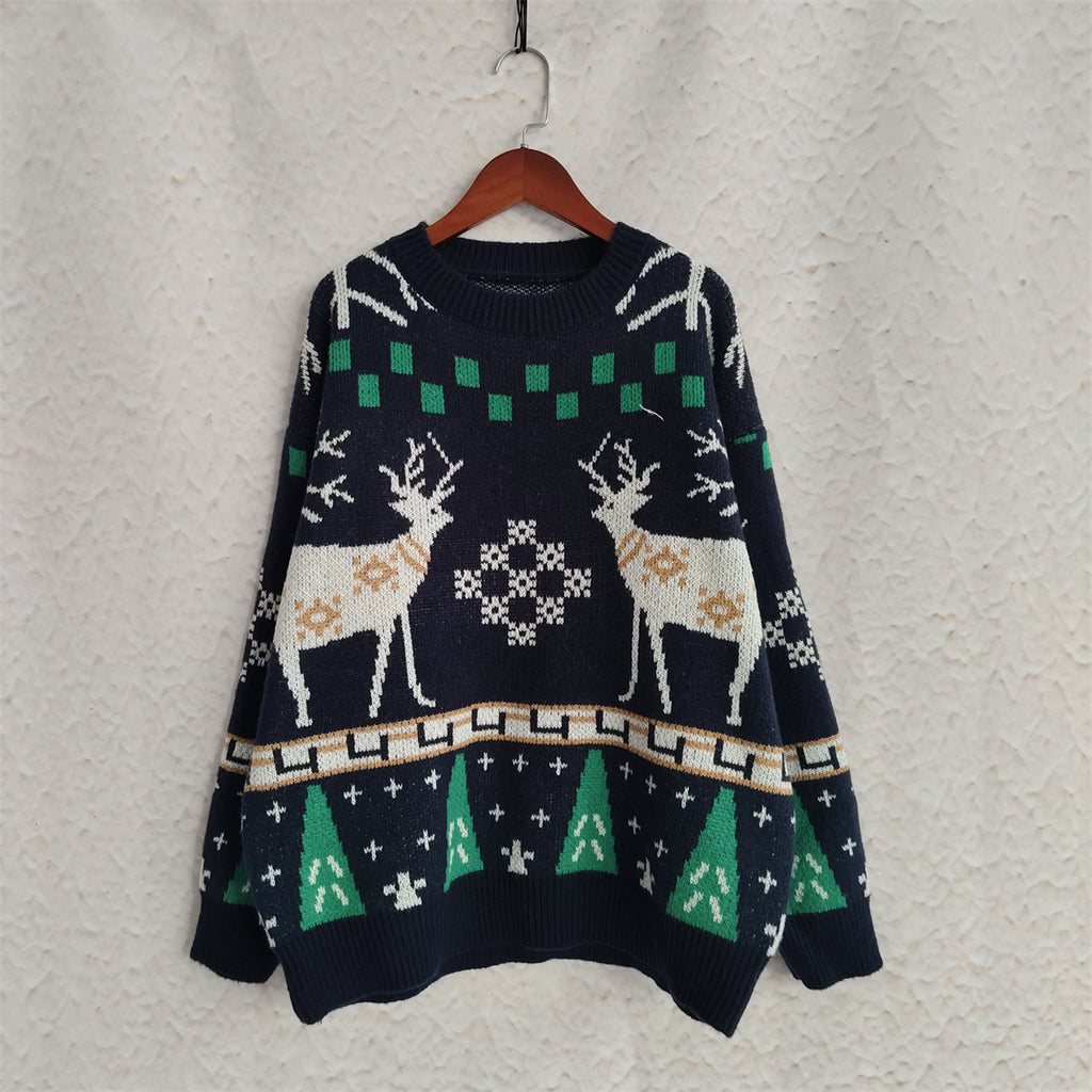 Reindeer Snowflake Jacquard Knit Sweater - Navyblue