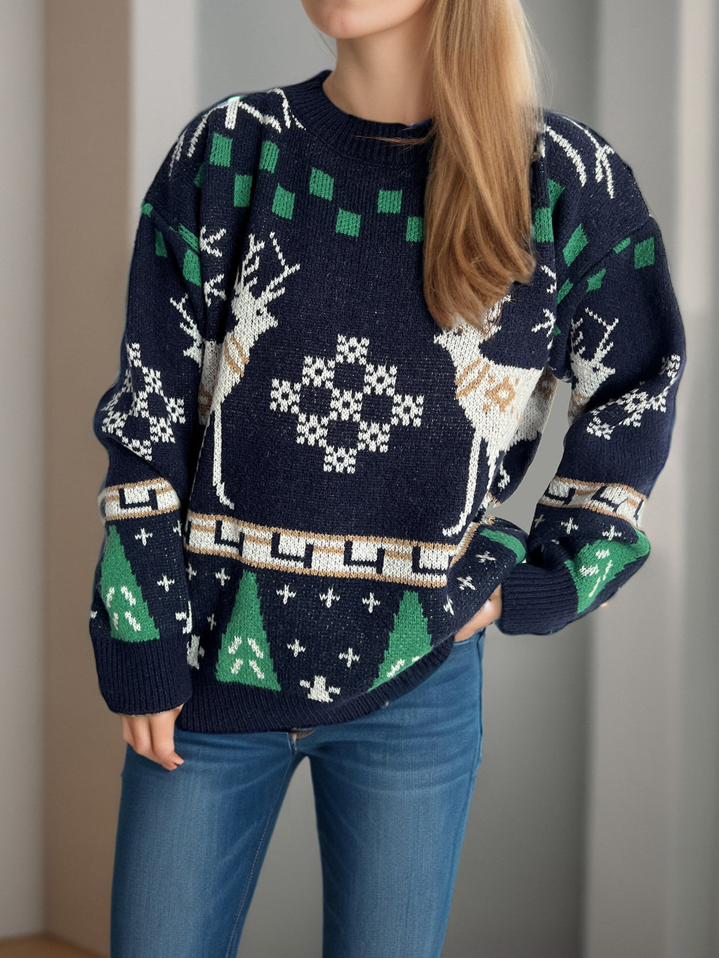 Reindeer Snowflake Jacquard Knit Sweater - Navyblue - 1