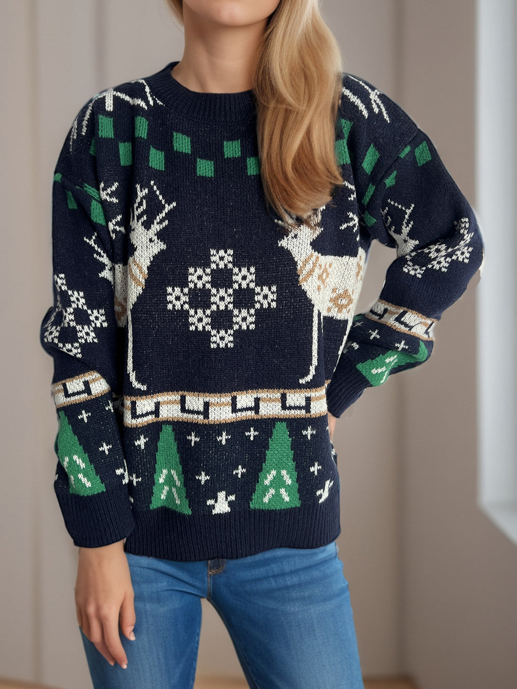 Reindeer Snowflake Jacquard Knit Sweater - Navyblue - 2