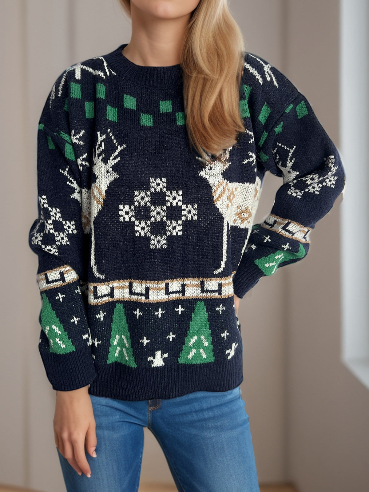 Reindeer Snowflake Jacquard Knit Sweater - Navyblue - 2