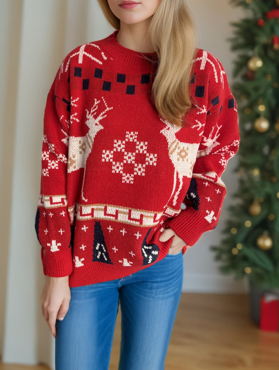 Reindeer Snowflake Jacquard Knit Sweater - Red