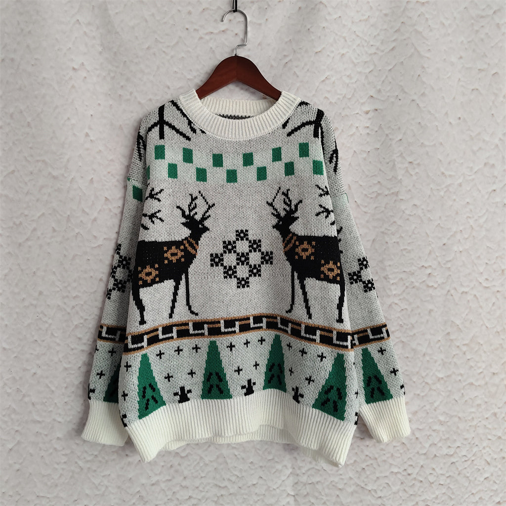 Reindeer Snowflake Jacquard Knit Sweater - White