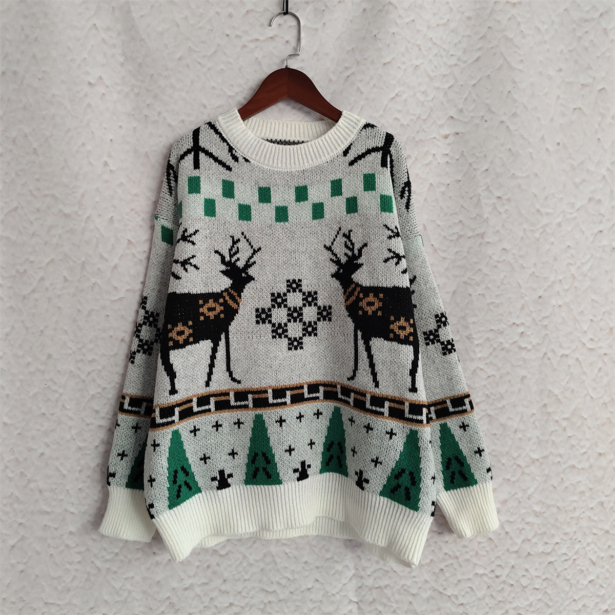 Reindeer Snowflake Jacquard Knit Sweater - White