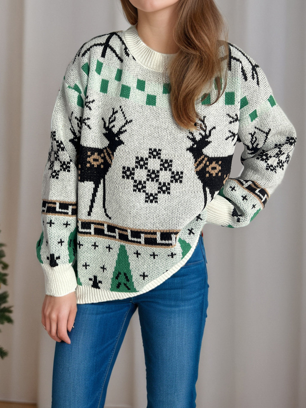 Reindeer Snowflake Jacquard Knit Sweater - White - 1