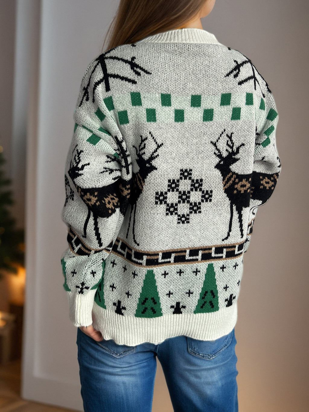 Reindeer Snowflake Jacquard Knit Sweater - White - 2