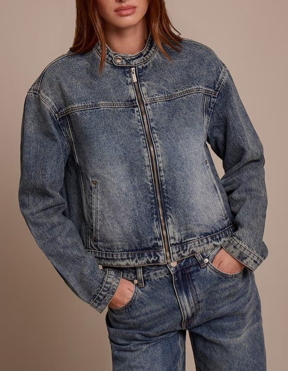 Vintage Moto Band Collar Denim Jacket - Blue