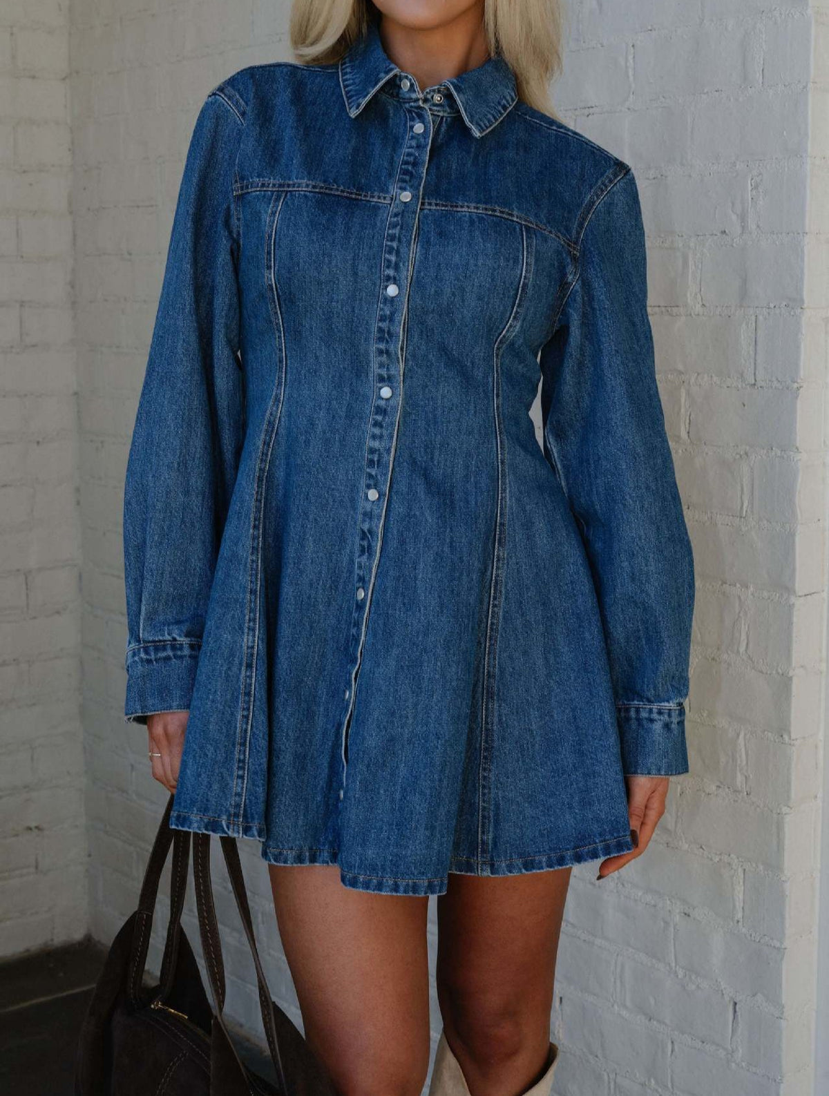Collared Denim Mini Dress With Flared Skirt - Blue