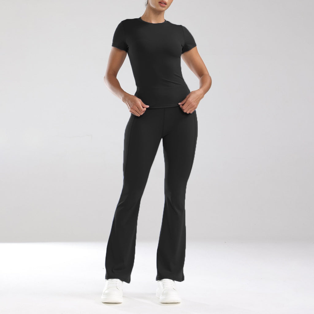 Short Sleeve Fitted Tee and Flare Yoga Pants Set - Black