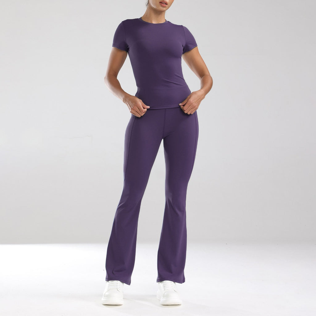 Short Sleeve Fitted Tee and Flare Yoga Pants Set - Deep Purple