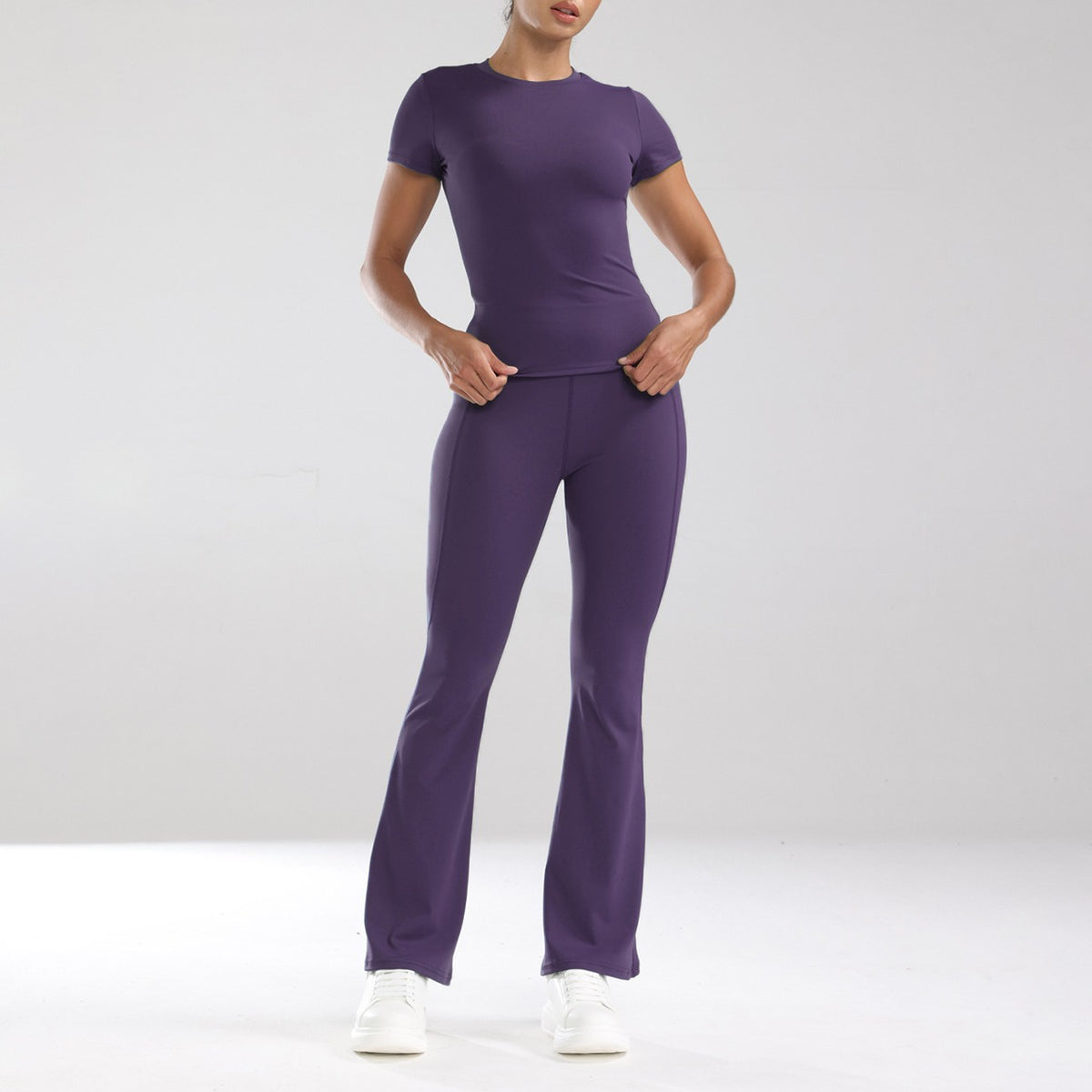 Short Sleeve Fitted Tee and Flare Yoga Pants Set - Deep Purple