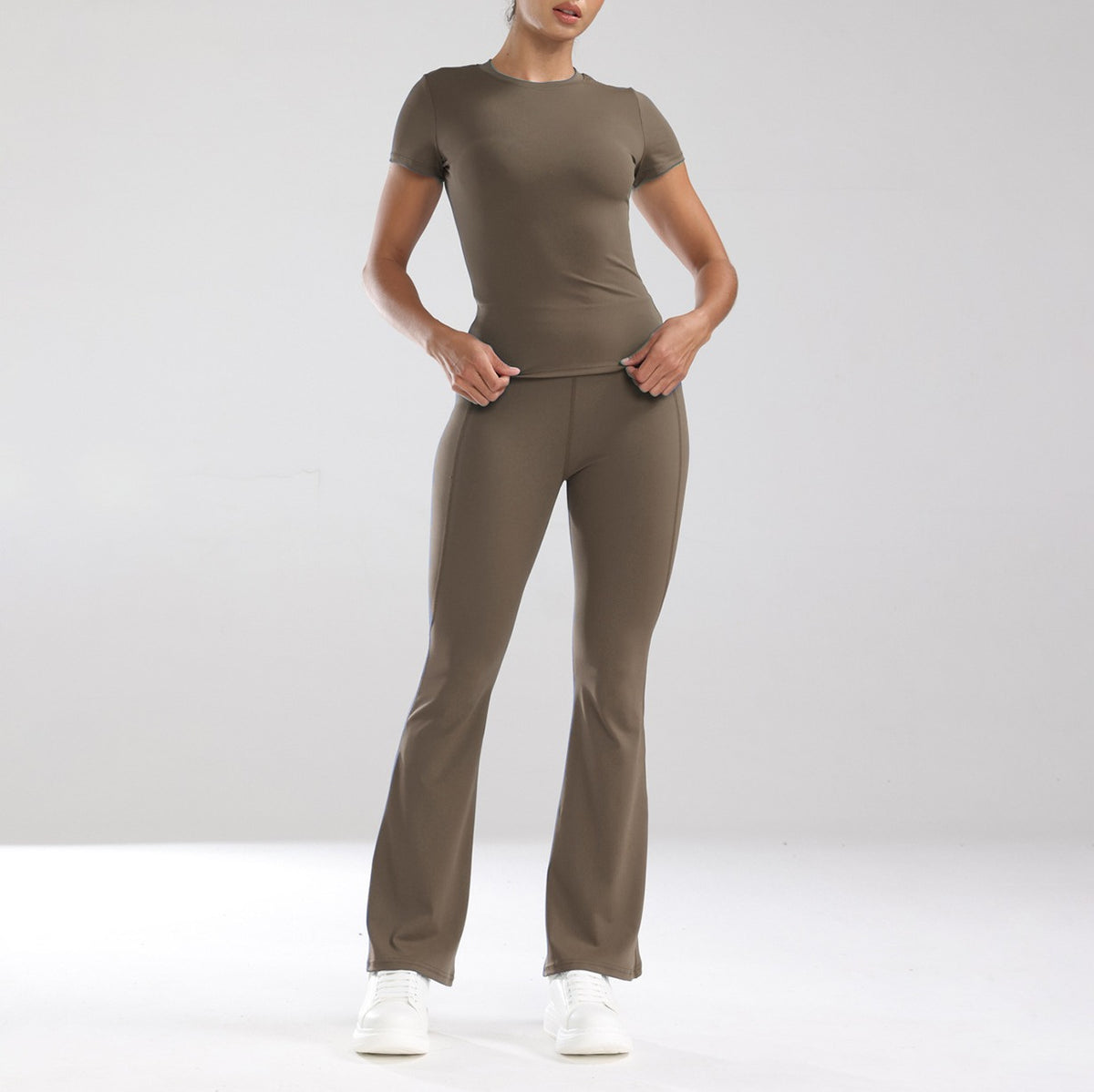 Short Sleeve Fitted Tee and Flare Yoga Pants Set - Mocha