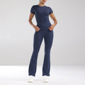 Short Sleeve Fitted Tee and Flare Yoga Pants Set - Navy