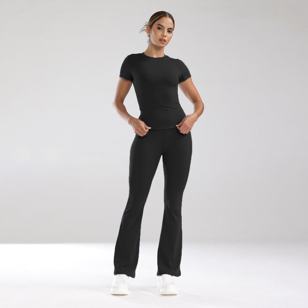 Short Sleeve Fitted Tee and Flare Yoga Pants Set