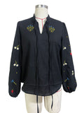 Tie Neck Blouse With Scattered Flower Embroidery - Black