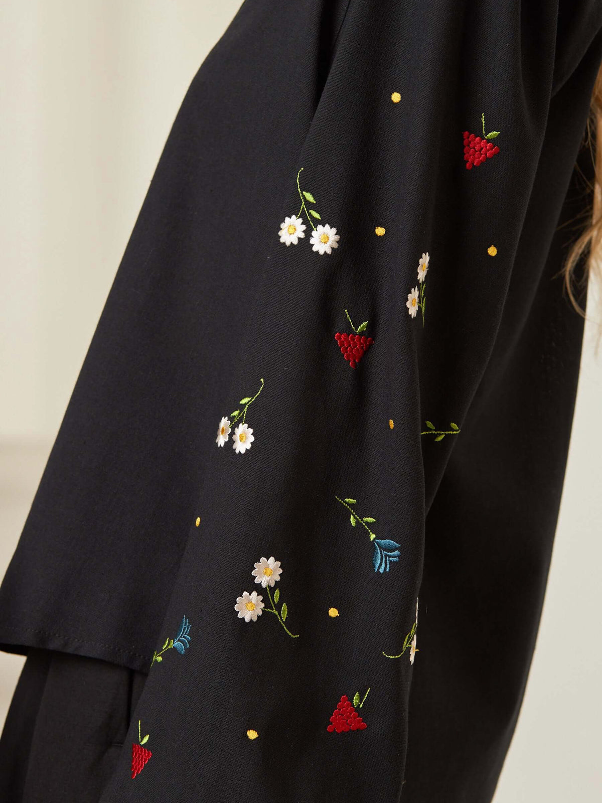 Tie Neck Blouse With Scattered Flower Embroidery - Black - 3