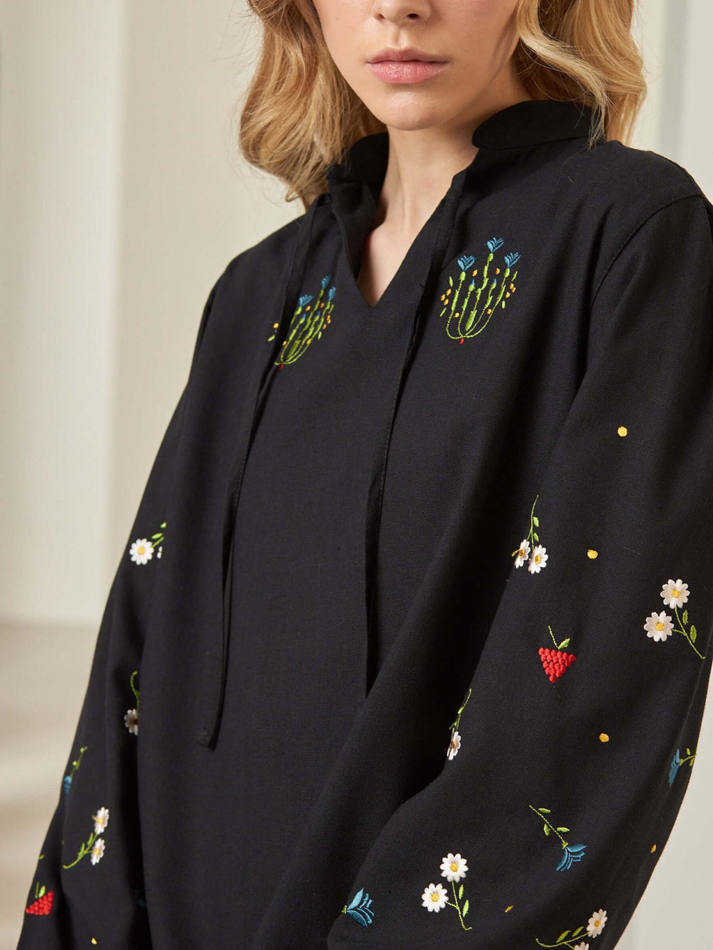 Tie Neck Blouse With Scattered Flower Embroidery - Black - 5