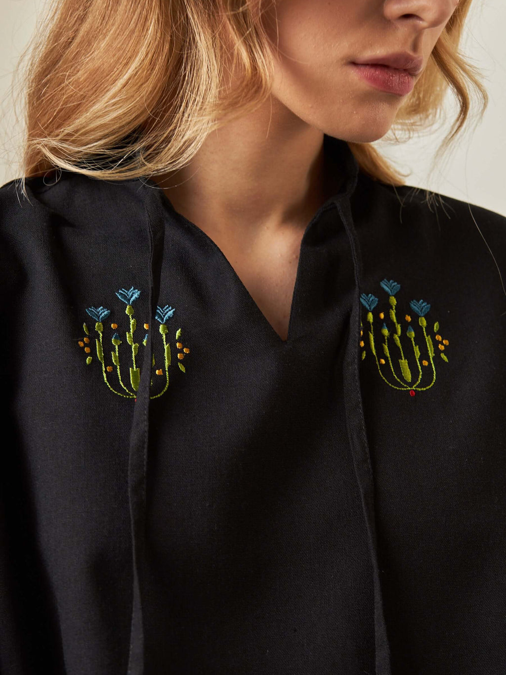 Tie Neck Blouse With Scattered Flower Embroidery - Black - 6