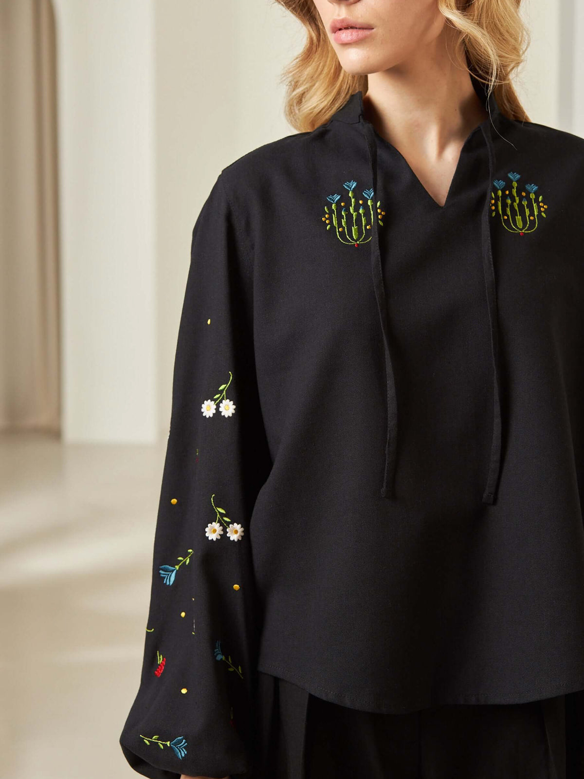 Tie Neck Blouse With Scattered Flower Embroidery - Black - 7