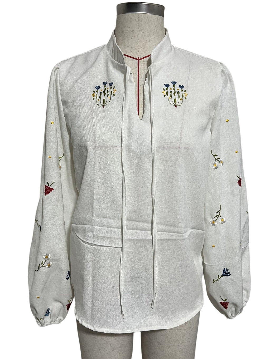 Tie Neck Blouse With Scattered Flower Embroidery - White - 1