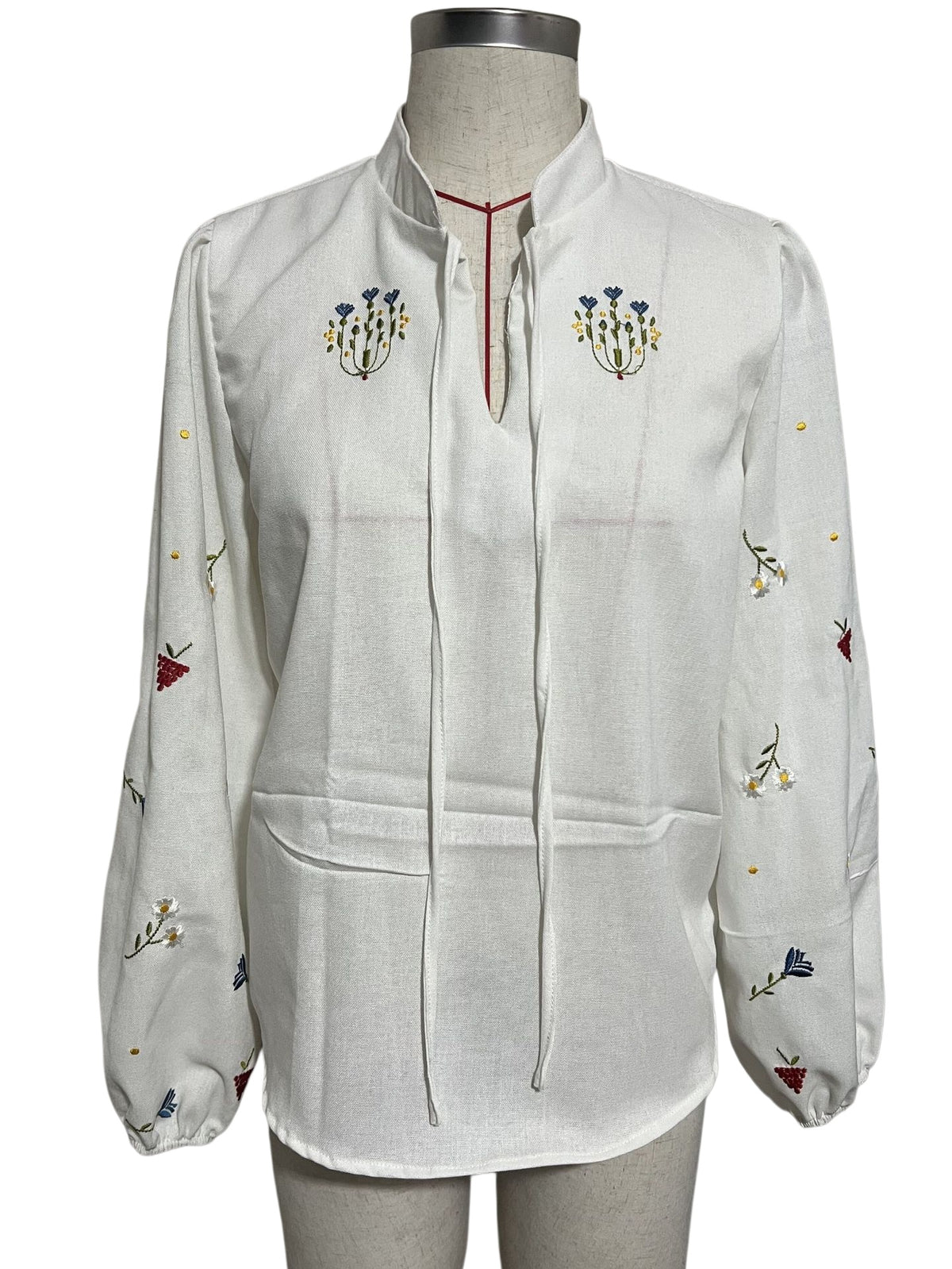 Tie Neck Blouse With Scattered Flower Embroidery - White - 1