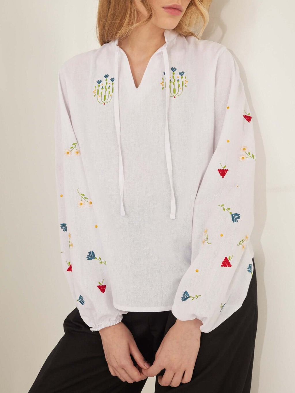 Tie Neck Blouse With Scattered Flower Embroidery - White - 2