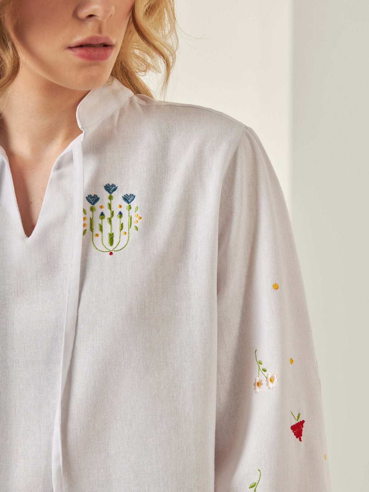 Tie Neck Blouse With Scattered Flower Embroidery - White - 3