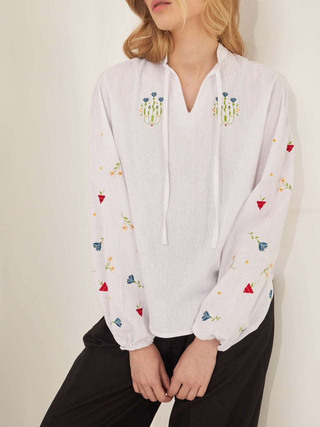 Tie Neck Blouse With Scattered Flower Embroidery - White - 5