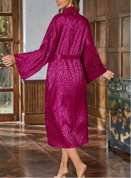 Leopard Jacquard Satin Robe With Wide Sleeves - Rose_red - 1