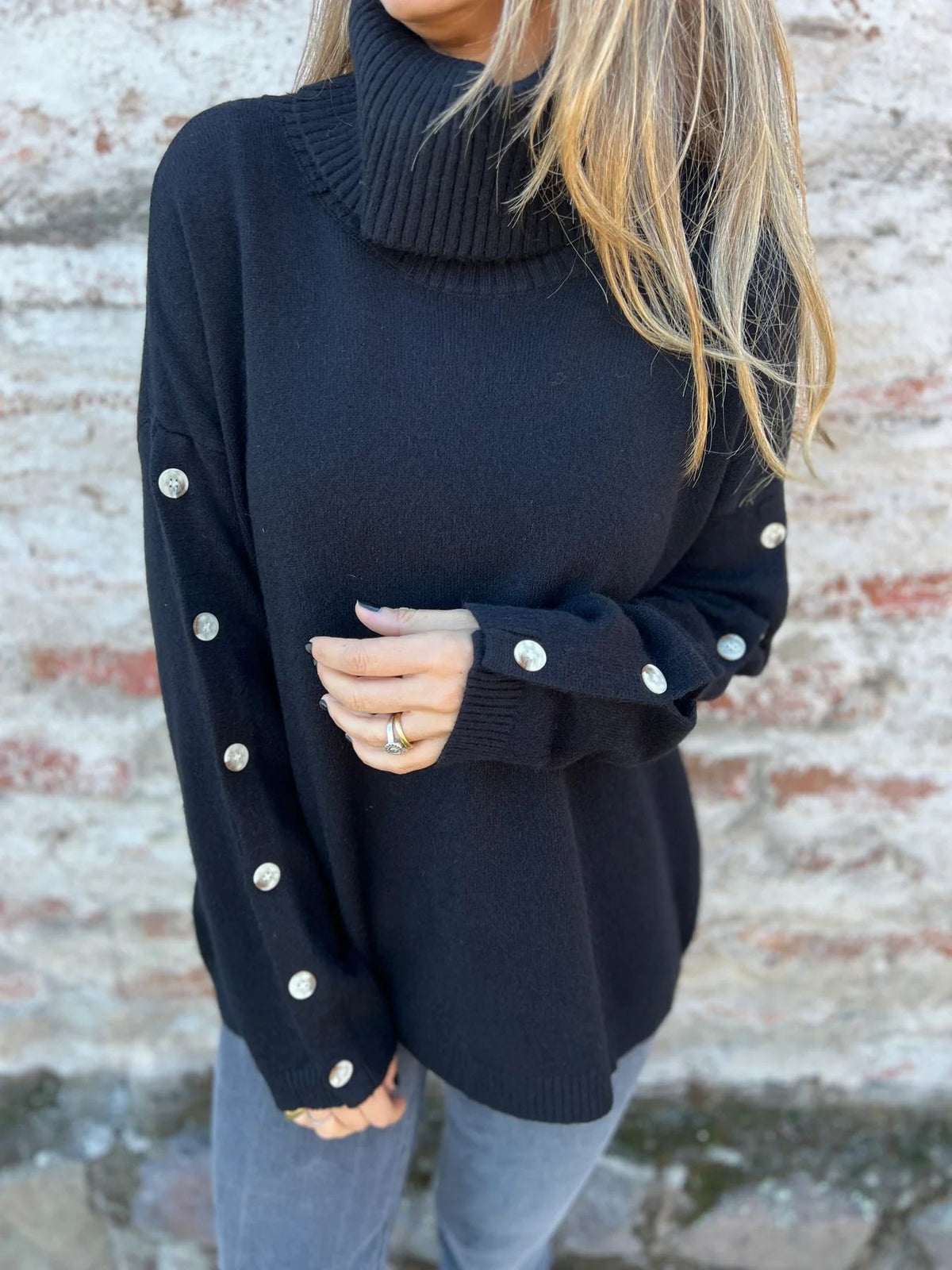 Button Sleeve Turtleneck Slouchy Knit Sweater - Black