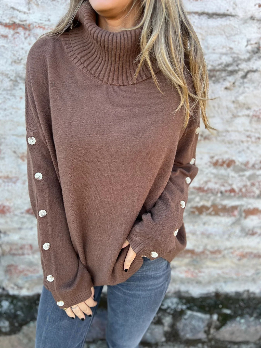 Button Sleeve Turtleneck Slouchy Knit Sweater - Brown